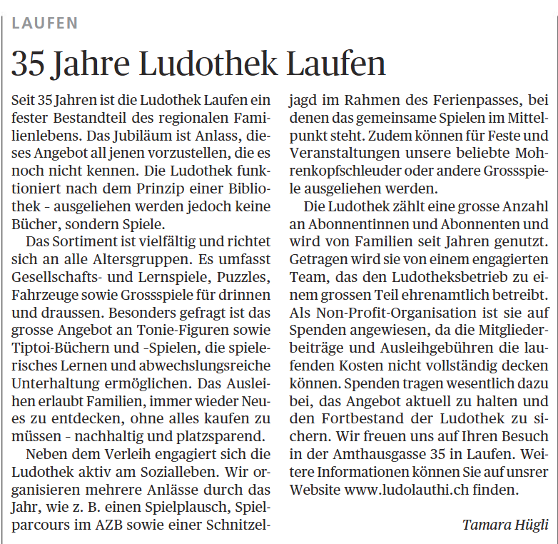 Wochenblatt 35 Jahre Ludothek
